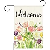 Welcome Spring Garden Flag, Spring Summer Flowers Garden Flag for Outside, Seasonal Colorful Tulip Farmhouse Yard Lawn Porch Flags for Outside Decor 12x18 Inch Double Sided