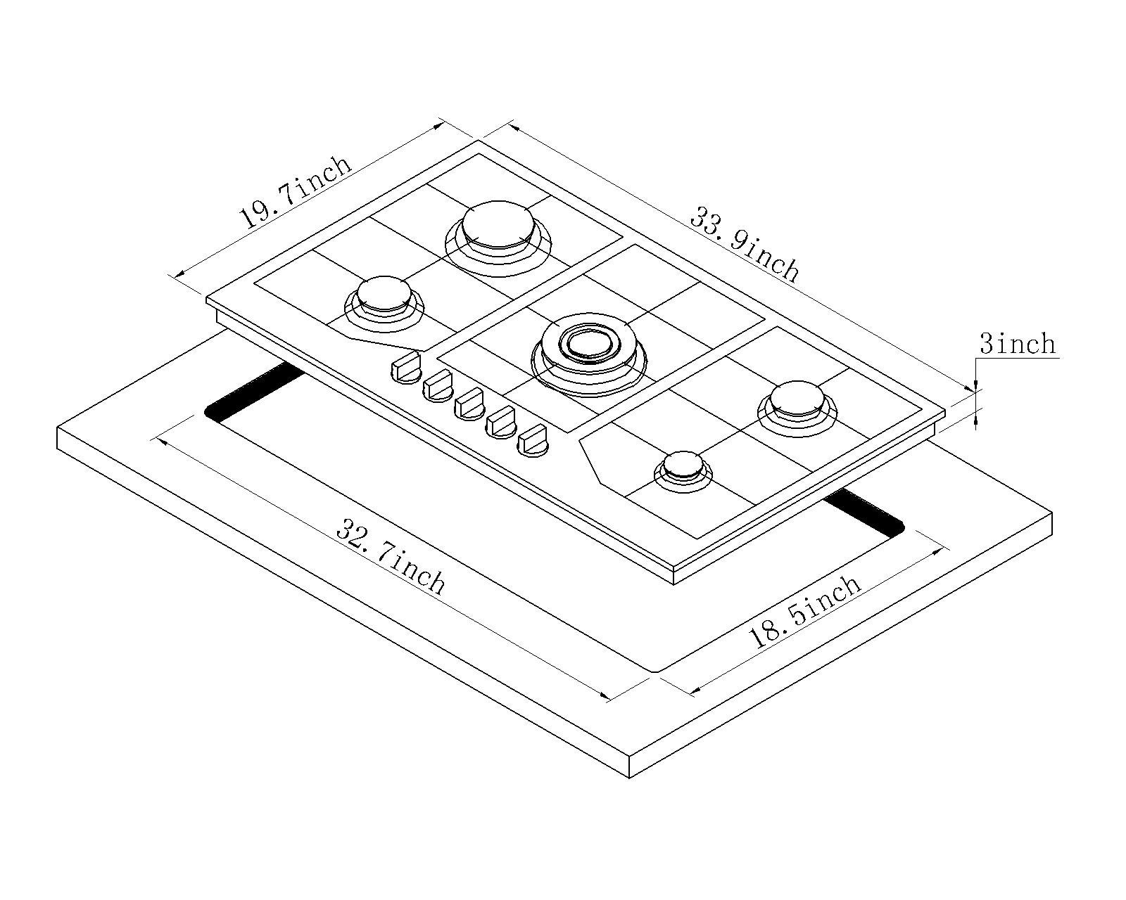 34 Inch Gas Cooktop Stainless Steel Built-in 5 Burners Gas Stovetop LPG/NG Convertible Gas Stove Top Dual Fuel Gas Hob DM5808