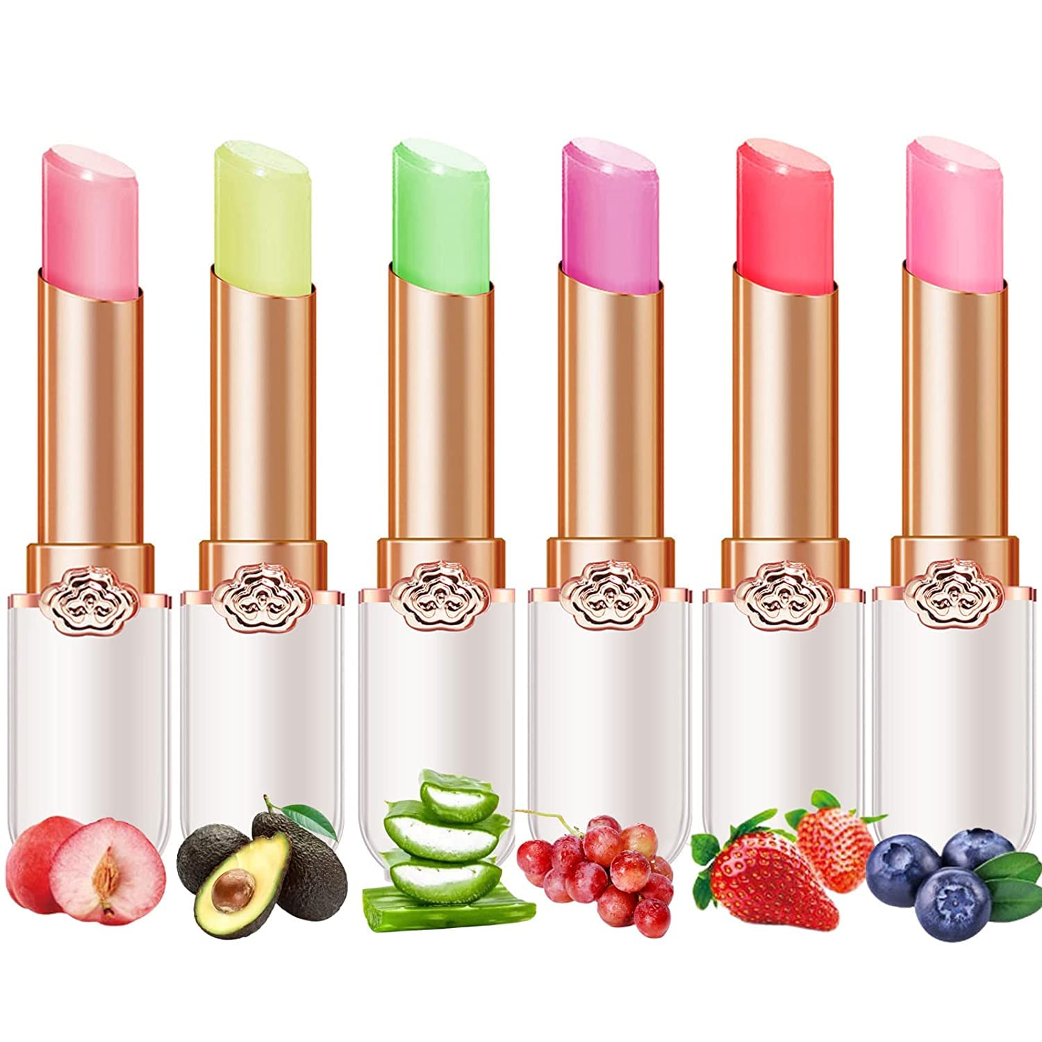 6 Packs Jelly Lipstick Set, Fruit Color Change Lip Balm Set, Peach Aloe Vera Strawberry Blueberry Avocado Grape Color Change Lip Balm, Long Lasting Moisturizer Lip Makeup Set (6PCS)