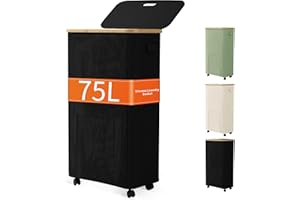 VINCONA Laundry Basket with Wheels, Dirty Clothes Hamper on Wheels, Rolling Tall Laundry Hamper with lid for Laundry Room, Dorm and Bathroom, 75L Black