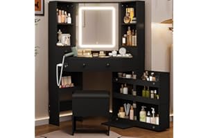 HAUOMS Corner Vanity Desk, Makeup Vanity with Mirror & Lights, Vanity Set with Rotating Shelves, Charging Station, Drawers & Storage Stool, 3 Light Settings, Modern Black