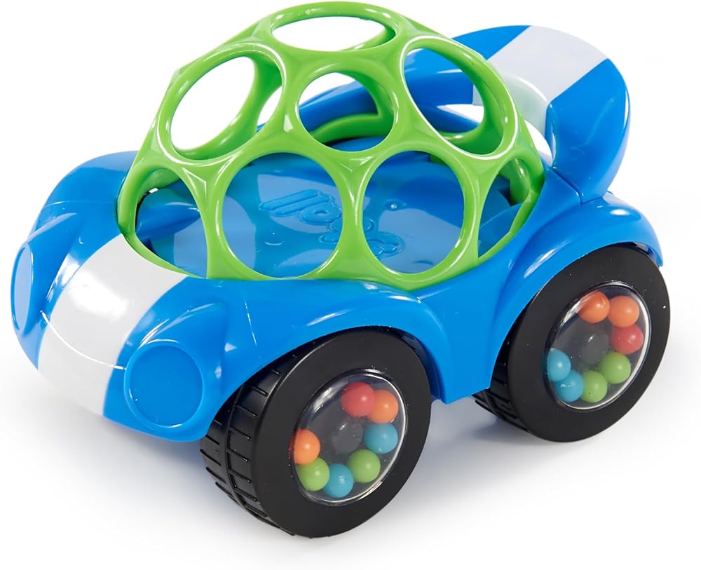 Bright Starts Oball Easy Grasp Rattle & Roll Toy Sports Car BPA-Free Infant Crawling Toy, 1 Pack, Age 3 Months and up, Blue/G