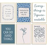 6Pcs Blue Mental Health Wall Art Motivational Inspirational Quotes Canvas Wall Decor Positive Affirmation Therapy Office Posters Pictures You Can Do Hard Things Painting Pause Relax Prints Unframed