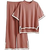 Faleave Womens Knit 2 Piece Sweater Sets Short Sleeve Pullover Tops Elastic Waist Wide Leg Pants Lounge Set