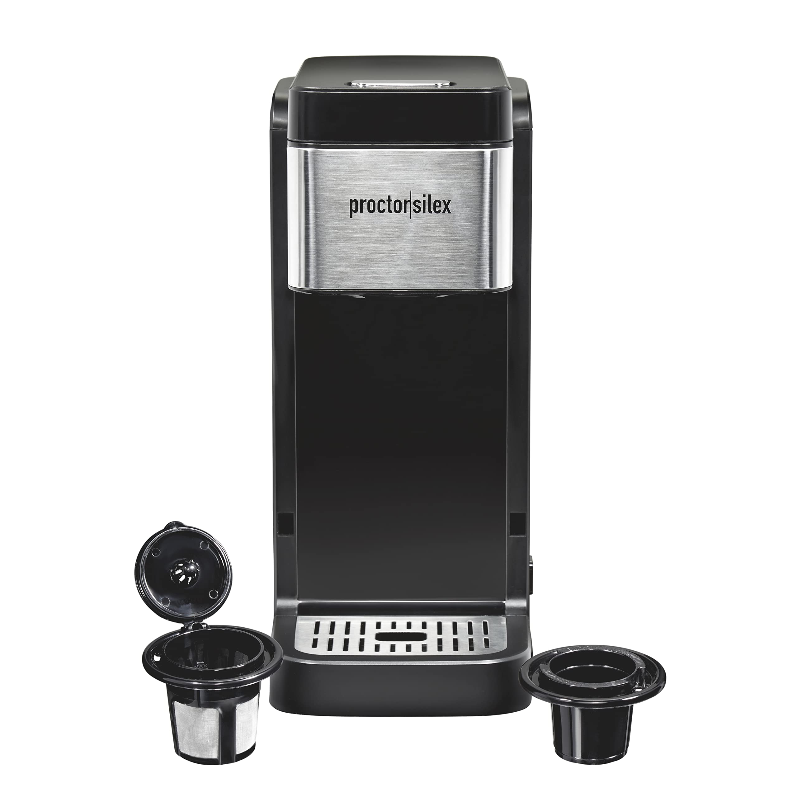 Photo 1 of Proctor Silex Single-Serve Coffee Maker Compatible with Pod Packs and Grounds, 40 oz. Reservoir Makes Four 10 oz. Cups Without Refilling, Black & Stainless Steel (49919)