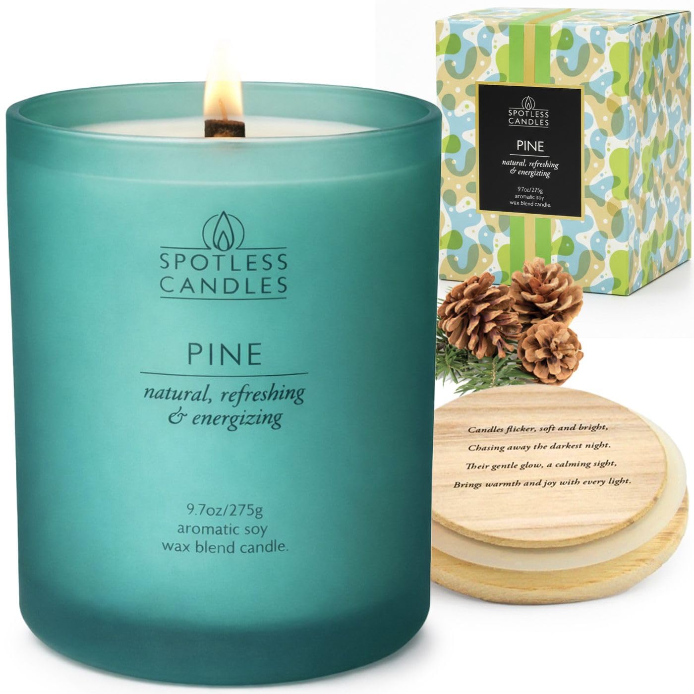 Pine Scented Candle 275g: 55 Hrs Burn Time - Pine Scented Candles in Frosted Glass Jar with Wooden Crackling Wick in a Luxurious Gold Foil Lined Gift Box by Spotless Leopard