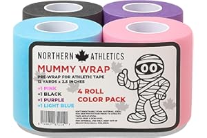 Northern Athletics Foam Pre Wrap Sports Tape – 4-Pack (2.5in x 12yd, Black, Pink, Purple, Blue) – Athletic Tape Underwrap, An