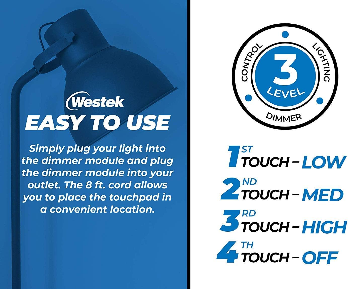 Westek Dimmer Switch for Lamps – Plug In Dimmer Switch with Touchpad Control, 2 Pack – 200W, 3 Level Dimmer – Light Dimmers for Lamps are Ideal for Bedside and Hard to Reach Lamps – 6043BC - - 