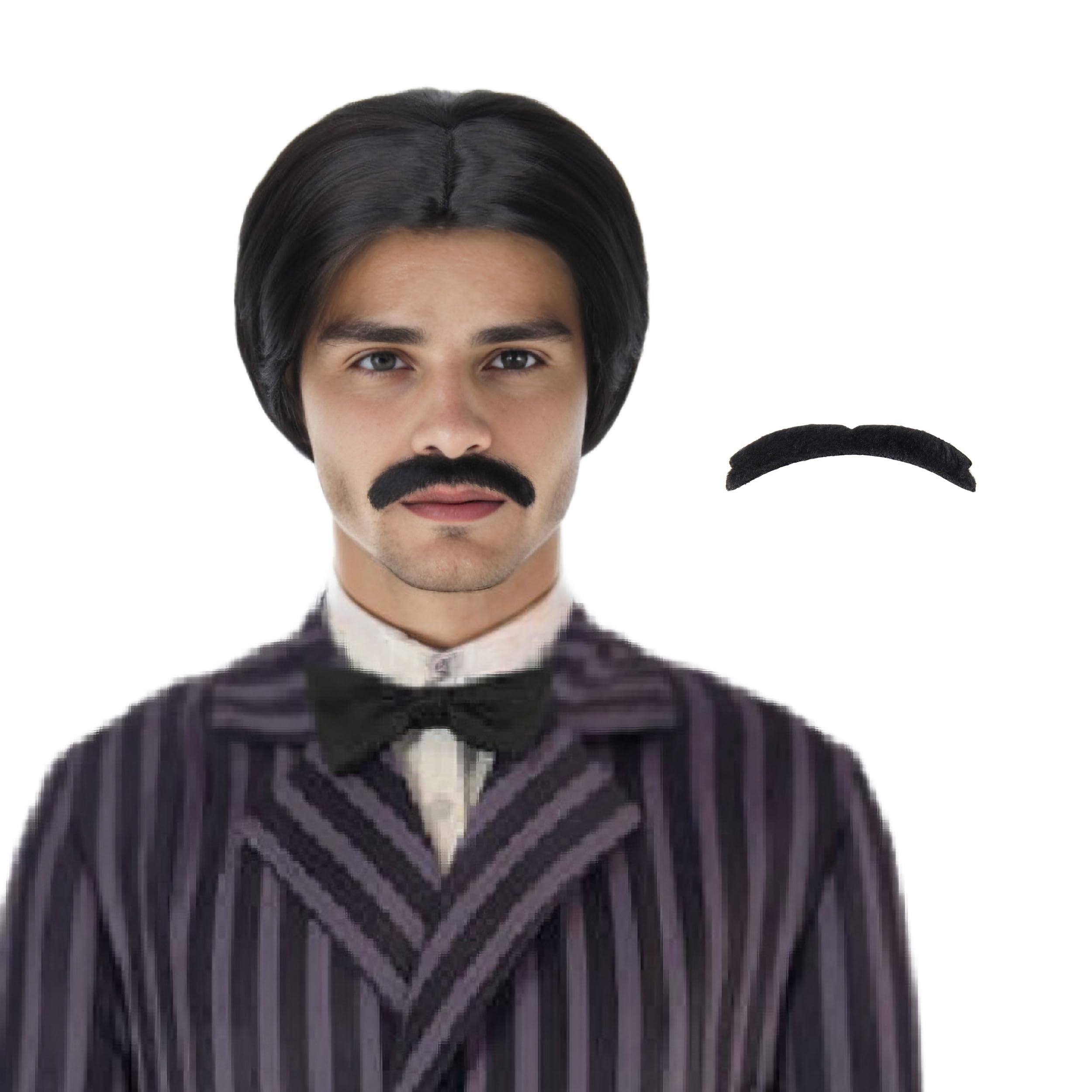 Photo 1 of ** MISSING MUSTACHE** U Hair Men Short Black Straight Wig Distinct Center Parting Mustache Set Cosplay Party Wig