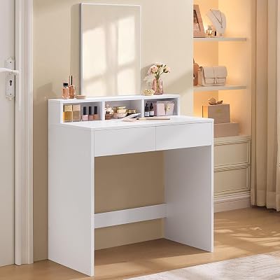 VASAGLE Dressing Table Makeup Table with Large Mirror 2 Drawers White RDT113W01
