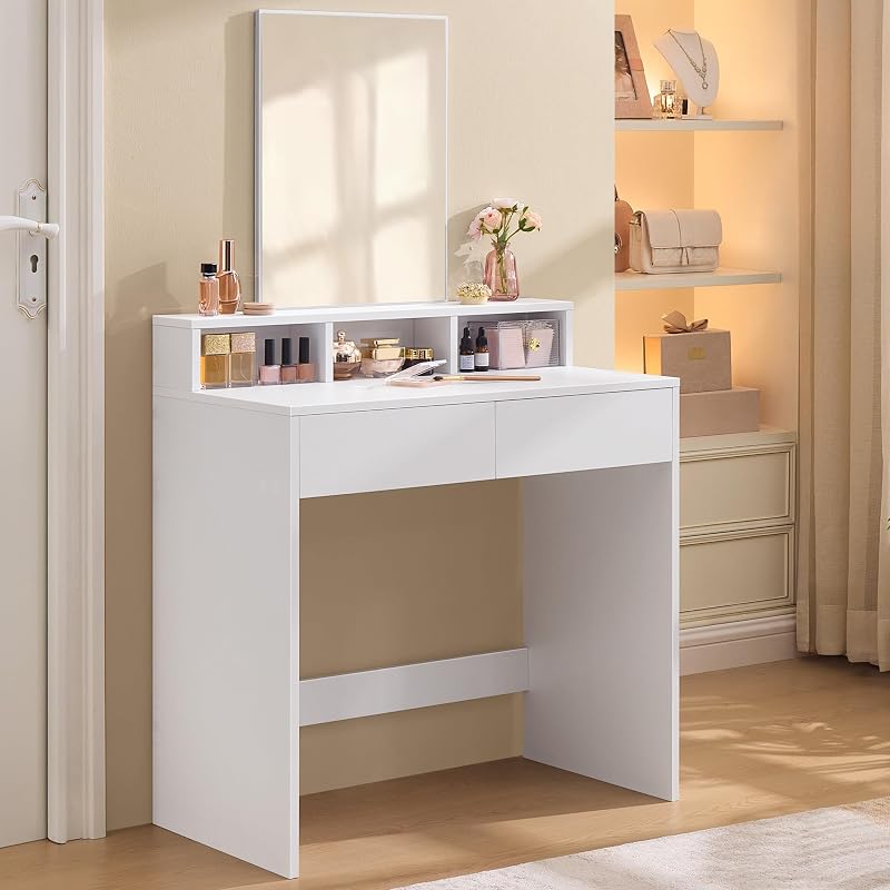 VASAGLE Dressing Table Makeup Table with Large Mirror 2 Drawers White RDT113W01