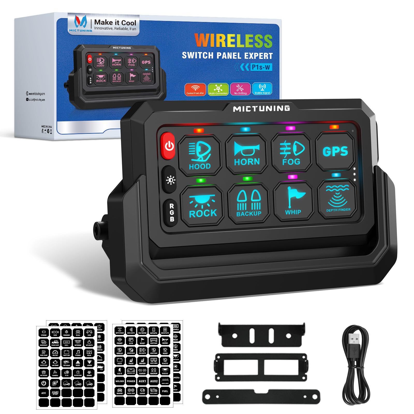 Photo 1 of MICTUNING 8 Gang Wireless Switch Panel Suitable for P1S-W, 328FT 433MHz Remote Range Up to 4-Panel Sync, Plug and Play, Multifunction Toggle Momentary Strobe Pulsed for Car(Panel Only)