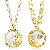 MISS RIGHT Sun and Moon Mother of Pearl Coin Matching Necklace for Couples Best Friend, Dainty Gold Paperclip Chain Disc Necklaces for Women Trendy, Celestial Tarot Jewelry Gifts