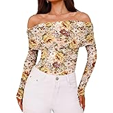 Essrite Womens Off Shoulder Long Sleeve Floral Mesh Tops Slim Fit Shirts Tops Fall Outfits 2026