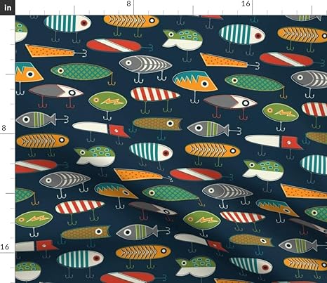 wallpapers Fish Fabric Cotton spoonflower fabric navy fish fishing lures vintage lure hook summer nursery printed on petal signature cotton fabric by the yard sewing quilting