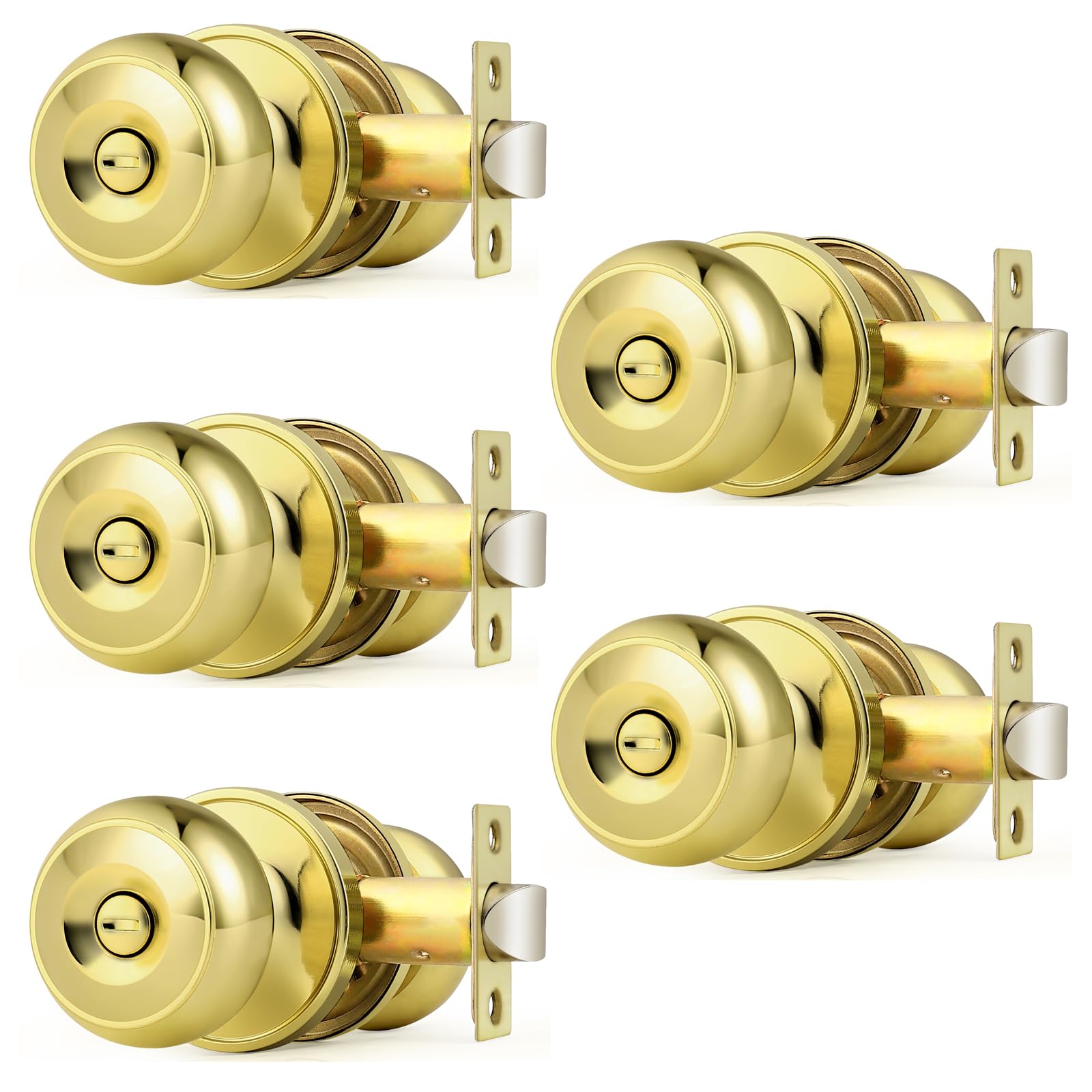 Probrico Interior Door Knobs for Bedroom Bathroom, Polished Brass Privacy Door Lock Keyless Door Knob Round Ball Knob, Gold Privacy Door Knob, 5 Pack Image