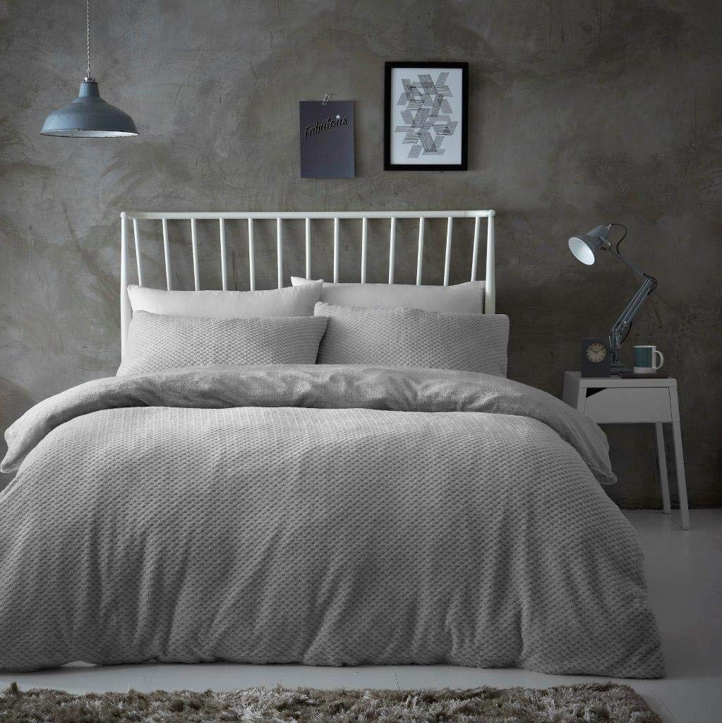 Gaveno Cavailia Popcorn Single Duvet Set Silver, Honeycomb Waffle Weave Bedding, 2 Piece Teddy Flannel Fleece