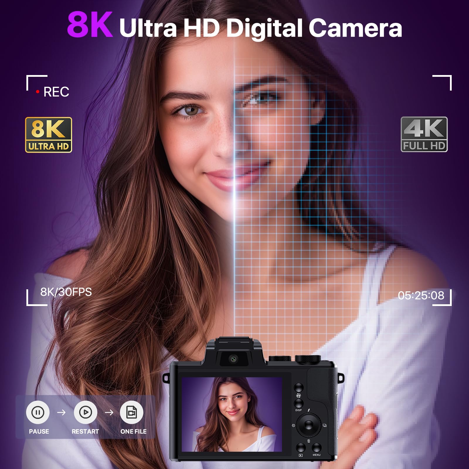 8K Digital Cameras for Photography with WiFi,Autofocus 88MP Vlogging Camera for YouTube with Dual-Lens,16X Digital Zoom Point and Shoot Camera,3.2''Touch Screen, Anti-Shake,2 Batteries &Charging Stand