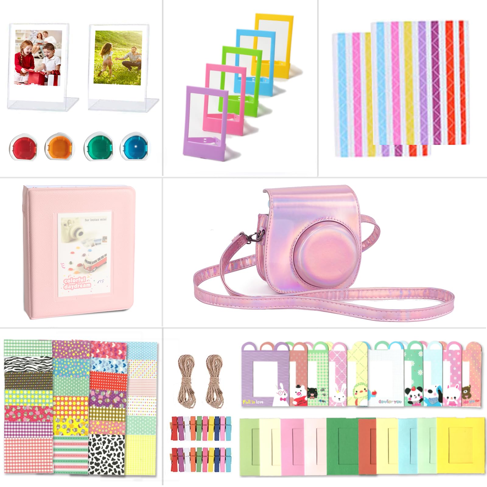 Riosin Instant Mini 12 Accessories Compatible with Fujifilm Instax Mini 12 Camera, Includes Case, Album, Filters, Wall Hang Frames, Film Frames, Border Stickers, Corner Stickers (Magic Pink)