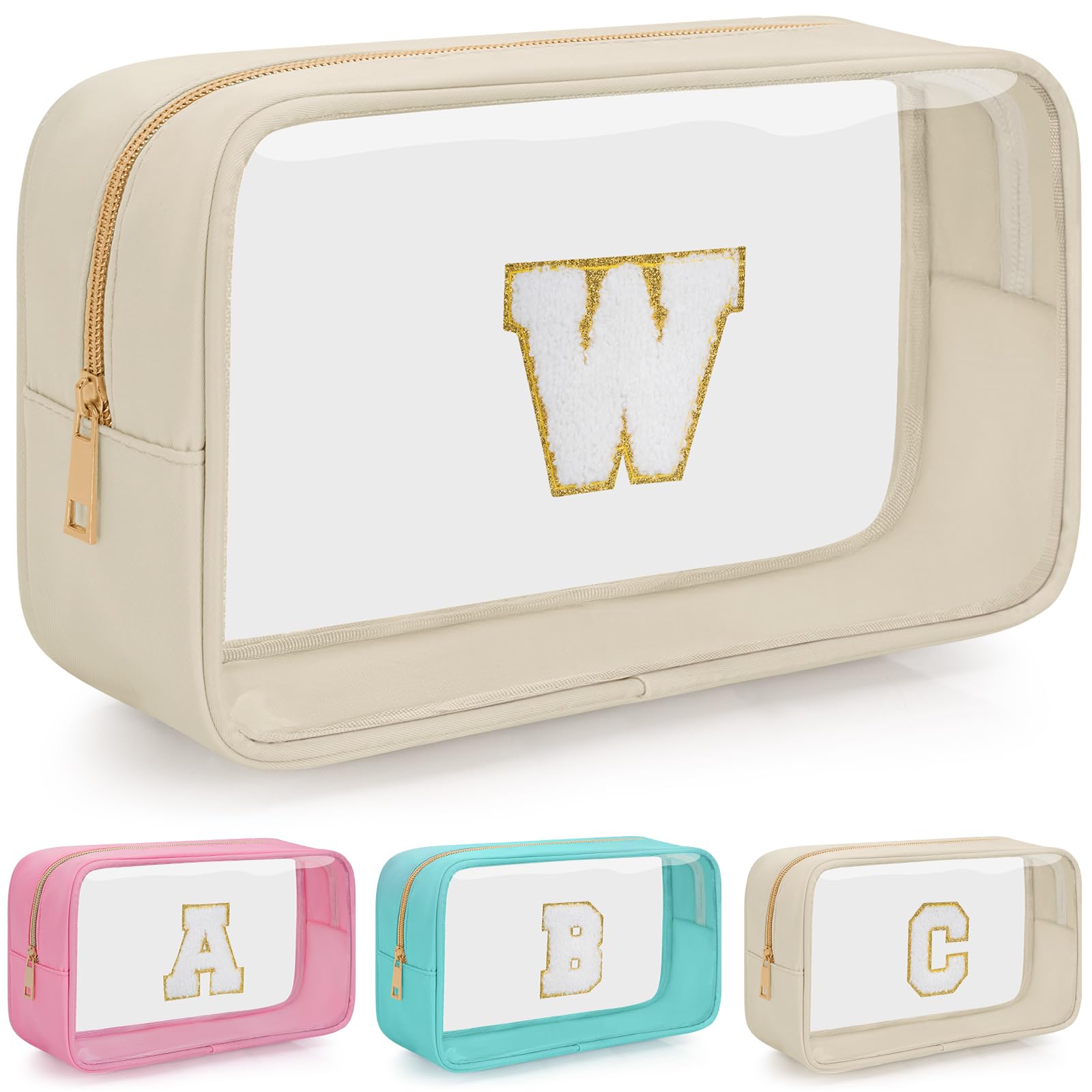 Photo 1 of WELIDAY Personalized Initial Clear Makeup Bag, Travel Chenille Patch Cosmetic Bag, Preppy Toiletry Bag Monogram Cosmetic Pouch with Zipper, Ideal Gift for Teen Girls Women (Beige, W)