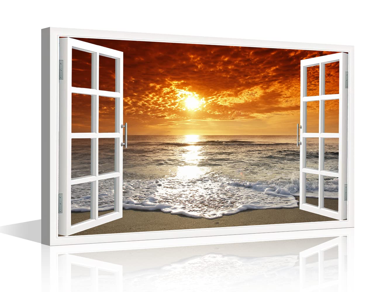 3D Window Effect Wall Art Decor Canvas Painting Dusk Beach Coastal Wave Pictures Fake Window Artwork Framed Prints for Home Office Decor 16x24in Ready to Hang — image 1