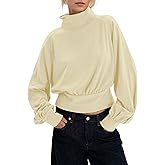 Ythomm Women Mock Turtleneck Crop Sweatshirt Long Balloon Sleeve Ruched Banded Bottom Pullover Blouson Top Shirt Fall Clothes