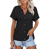 TICTICMISS Womens Button Down Shirts Short Sleeve Summer Tops Loose Fit V Neck T Shirts Casual Ladies Tunic Tees 2026