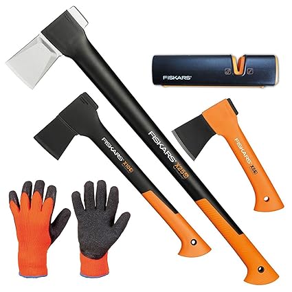 FISKARS© Set Spaltaxt X25 - XL + Universalaxt X10 - S + Freizeitbeil X5 - XXS + Xsharp Axt- und Messerschärfer + Handschuhe