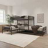 Livavege L-Shaped Triple Bunk Bed with Trundle for 4, Twin Metal Bunk Bed with Textilene Guardrails &amp; Wood Slats, Space-Saving Bunk Bed Frame for Bedroom, Dorm &amp; Guest Room