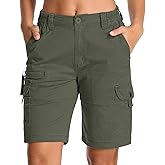 mosingle Bermuda Womens Cargo Shorts Lightweight Cotton Casual Hiking Shorts Multi-Pockets Elastic Waist