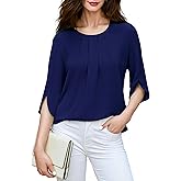 Mettclasi Women's Crewneck Summer Chiffon Blouse, 3/4 Sleeve Dressy Casual Shirt Top