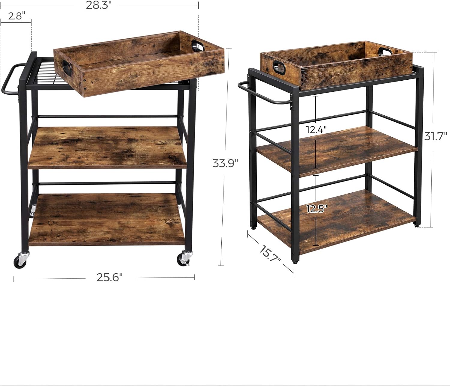 VASAGLE Bar Cart, Kitchen Serving Cart, Utility Cart with Wheels and Handle, Universal Casters with Brakes, Leveling Feet, Rusic Brown and Black ULRC72X: Furniture & Decor