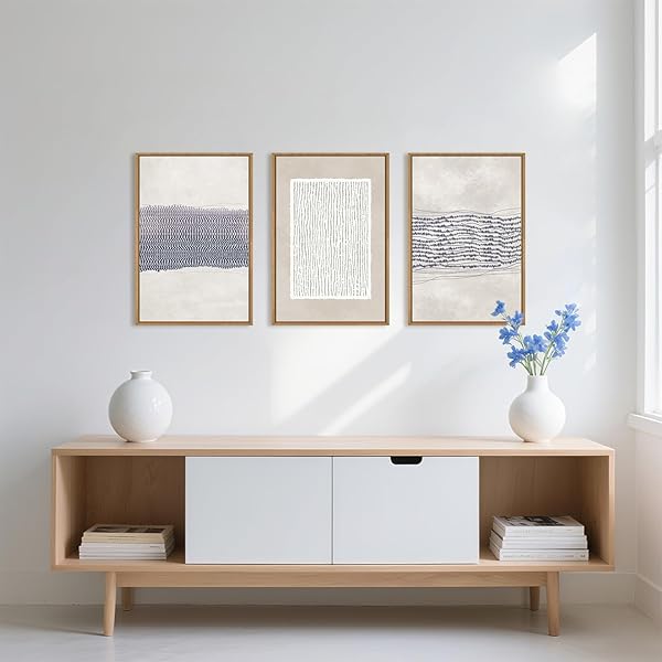 HOURIA BLUE WHITE ABSTRACT NEUTRAL FRAMED CANVAS WALL ART SET,MINIMALIST BOHO WAVES LINES WALL DECOR,MODERN GEOMETRIC SHAPES PRINT,MID CENTURY GRUNGE ARTWORK FOR LIVING ROOM,BEDROOM,OFFICE- 16″X24″X3