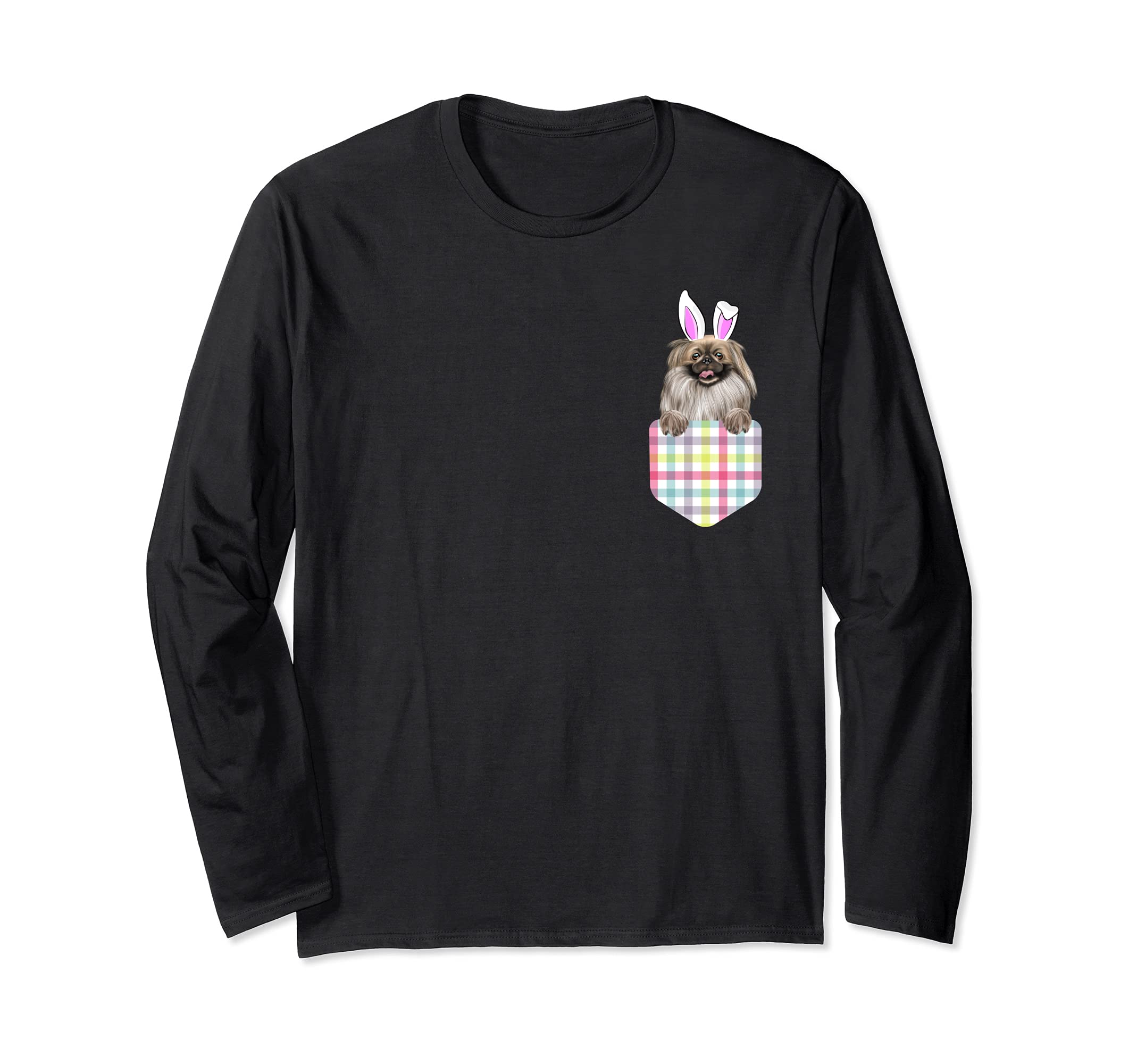 Easter Plaid Pekingese Bunny Dog In Pocket Long Sleeve T-Shirt