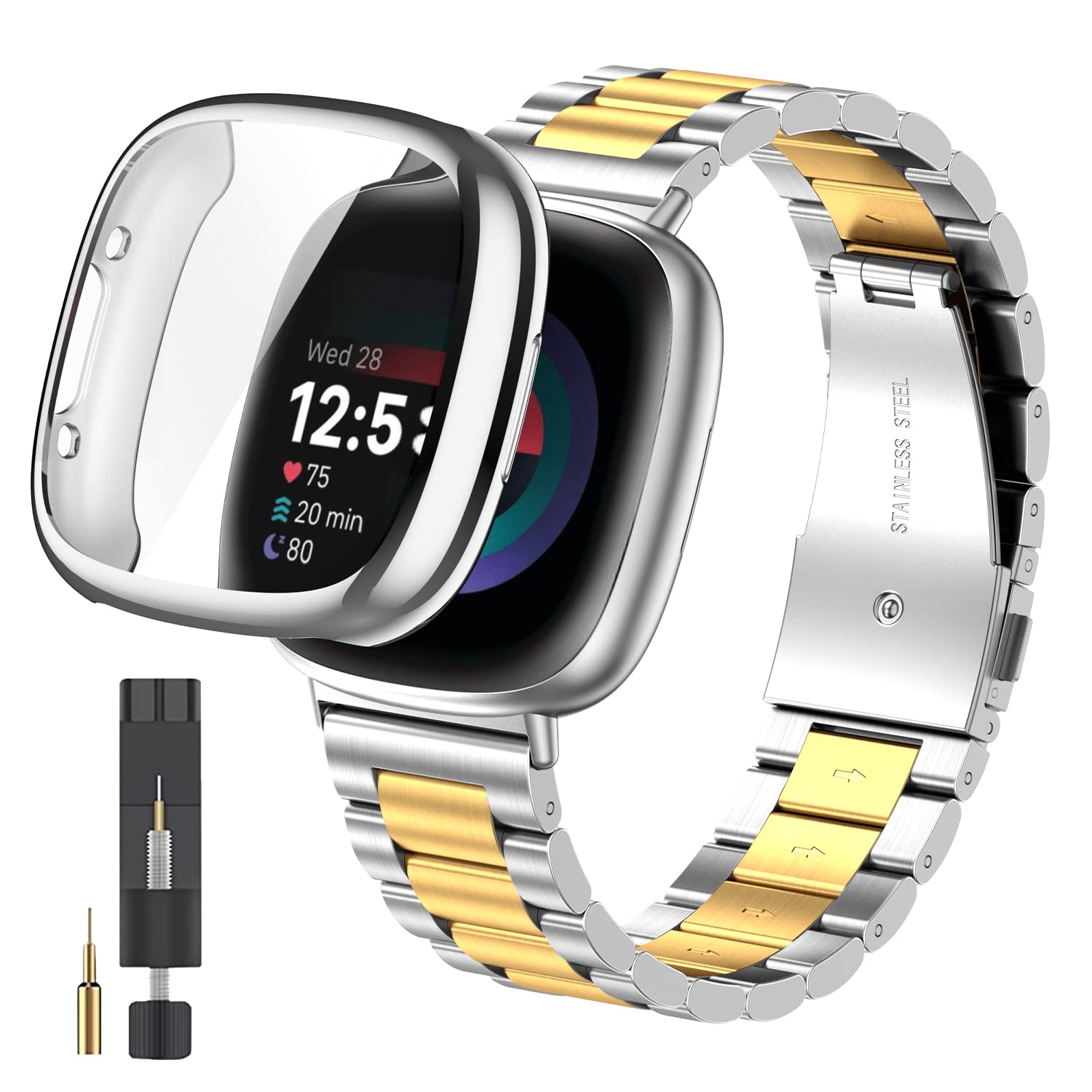 ZPJPPLX for Fitbit Versa 4 Metal Watch Band with Soft TPU Case,Compatible with Fitbit Sense 2 Stainless Steel Strap and Screen Protection Case for Men Women,Silver/Gold