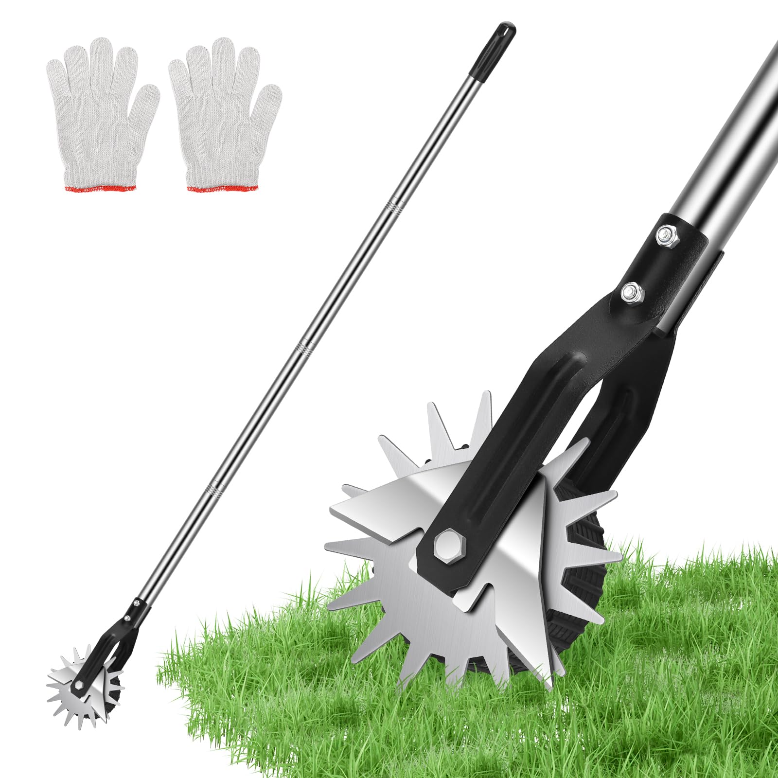 Lawn Edger, BlumWay 67inch Side Wheel Rotary Edger Manual Lawn Grass Edging Tool Garden Edger Tool Grass Trimmer Grass Cutter Machine Handheld Heavy Duty Stainless Steel with Sharp Blades/Gloves