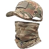 Camo Hat Baseball Cap Camo Face Mask Neck Gaiter with American Flag Patch for Men/Women Outdoors Tactical Military