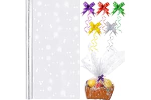 Dilunave Christmas Clear Cellophane Wrap Roll 39 x 118 Inch Snowflake Cellophane Wrap Xmas Cellophane Rolls with 50 Pull String Bows Plastic Wrappings Cellophane for Flowers, Bouquet, Packing Paper