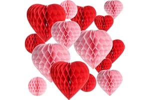 MARSPARK 16 Pieces Valentine‘s Day Heart & Ball Tissue Paper Honeycomb Ball Love Decoration Pom Poms Pink Red Paper Heart Valentines Honeycomb for Valentine‘s Day Wedding Party Decors