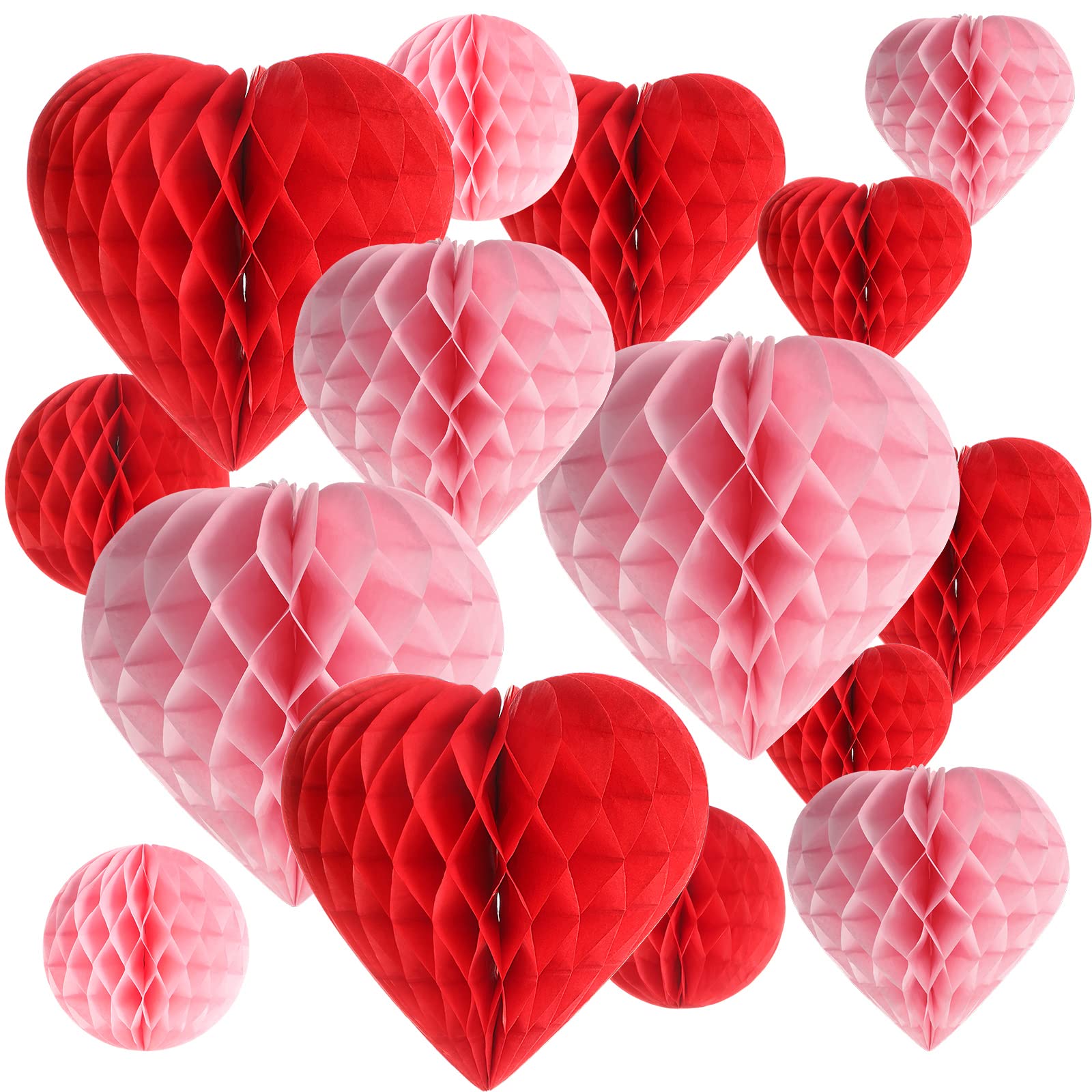 Photo 1 of 16 Pieces Valentine‘s Day Heart & Ball Tissue Paper Honeycomb Ball Love Decoration Pom Poms Pink Red Paper Heart Valentines Honeycomb for Valentine‘s Day Wedding Party Decors