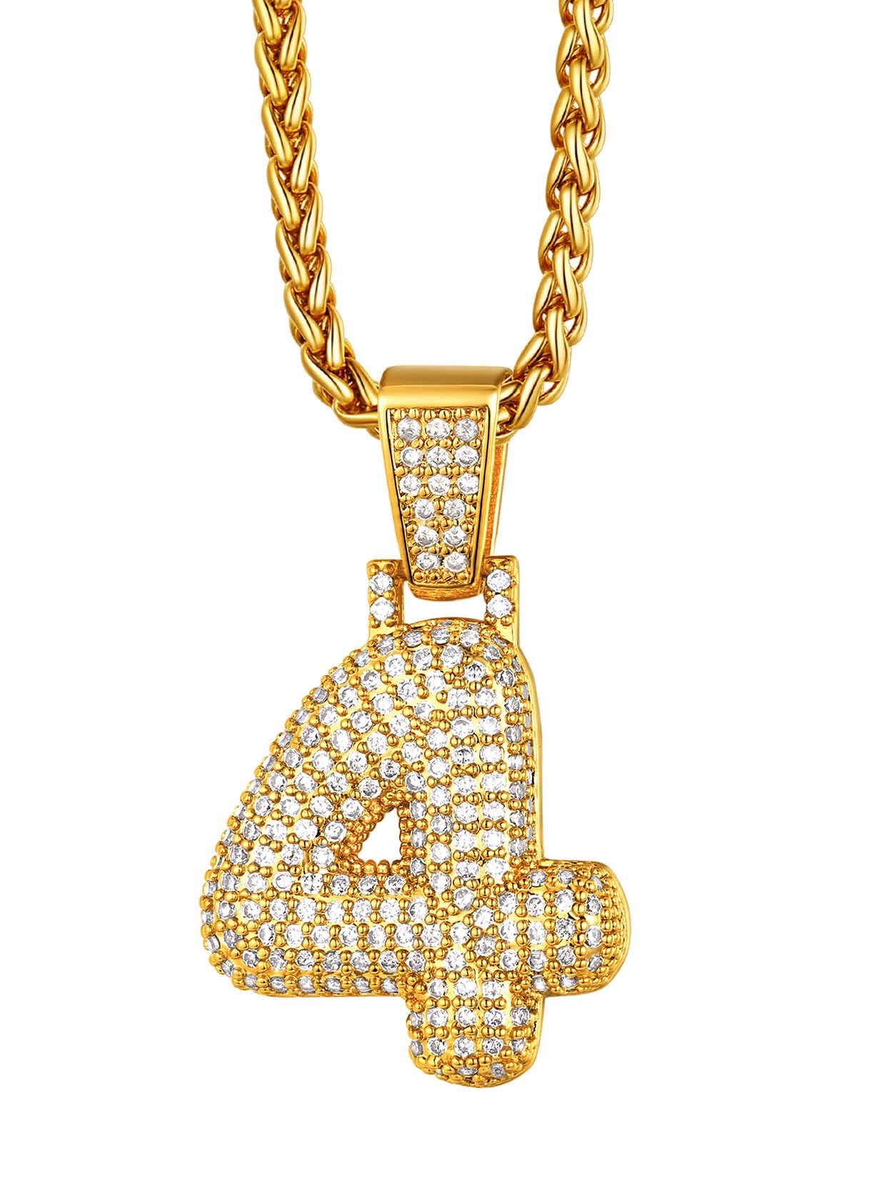 Richsteel Gold Number 4 Necklace Chain Hip Hop Cubic Zirconia Bubble Necklaces for Men Young Boys