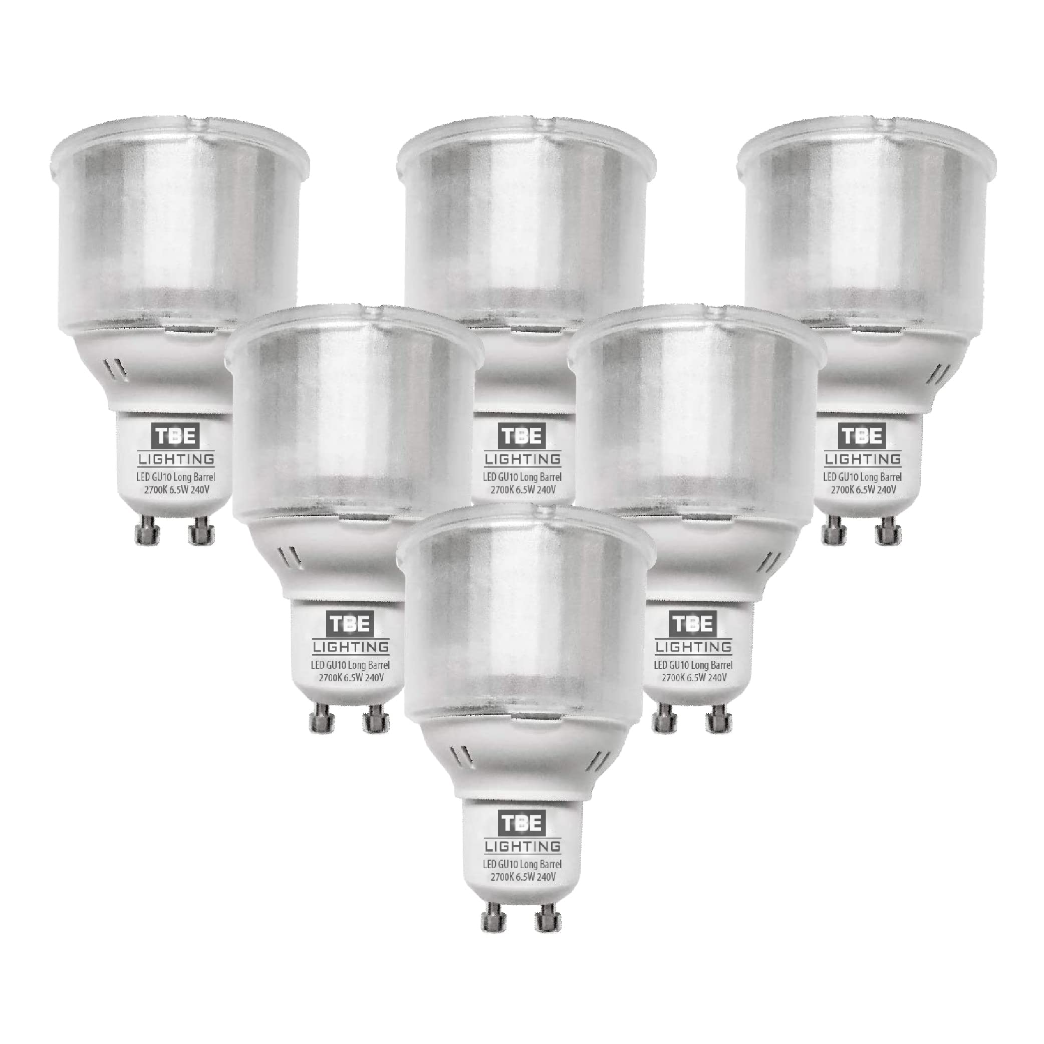 TBE LIGHTING 6.5w GU10 Spot Light Bulbs - 6 Pack - LED Long Barrel Reflector Bulbs with GU10 Base Fitting - 2700k Warm White - 650 Lumens - Replaces 11w CFL Bulb with Identical housing