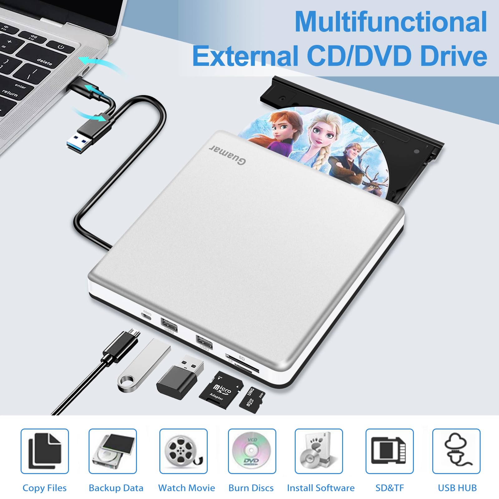 Guamar External CD Drive for Mac: Portable Slim DVD Burner for Laptop PC Windows with SD/TF Slot 2 USB Ports - Plug & Play USB-C Superdrive for MacBook High-Speed Read Write (Silver)