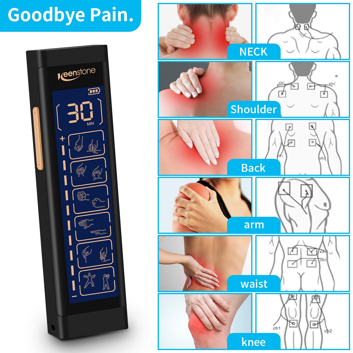 Tens Machine, Keenstone EMS Massager Dual Channel, Electronic Pulse Muscle Stimulator Therapy Device for Pain Management and Rehabilitation, Back Neck Stress and Muscle Relief, 6 Modes & 8 Pads