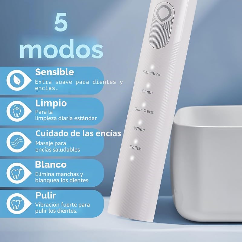 Escova de dentes sónica recarregável para adultos, 5 modos de limpeza, escova elétrica, sensor de pressão, 6 cabeças de escova, bateria de 60 dias, temporizador inteligente