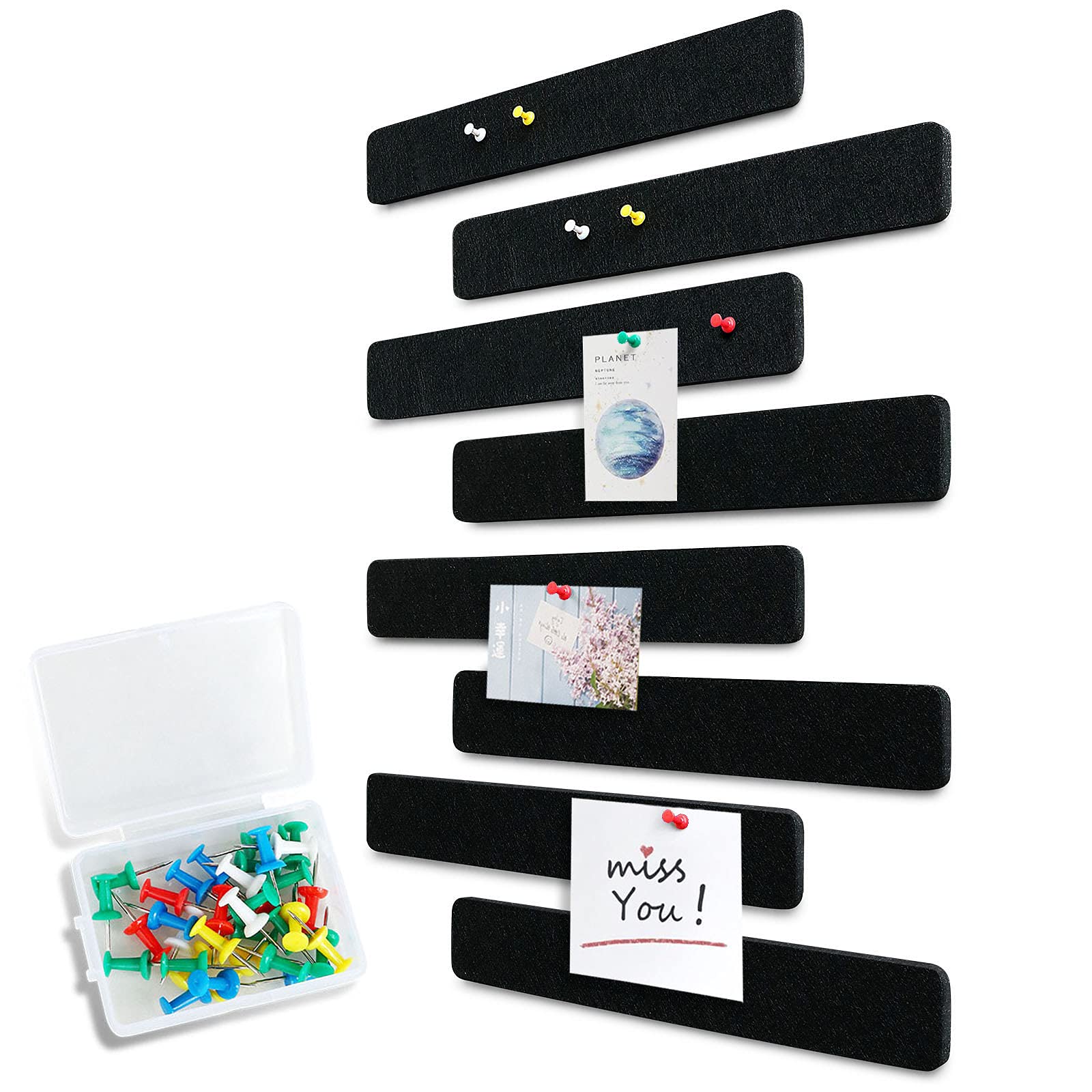 Uoisaiko Felt Pin Board Bar 38cm x 5cm, 8 Pack Cork Board Bulletin Board Strips with 40 Push Pins, Home Office Memo Notice Boards Felt Wall Tiles