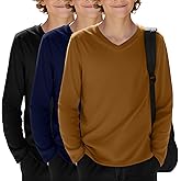 LessonZoo 3 Pack Boy's Long Sleeve Shirts, Soft V Neck Tops Basic Tee Casual Loose Fit Tshirt for 5-16 Years Kids