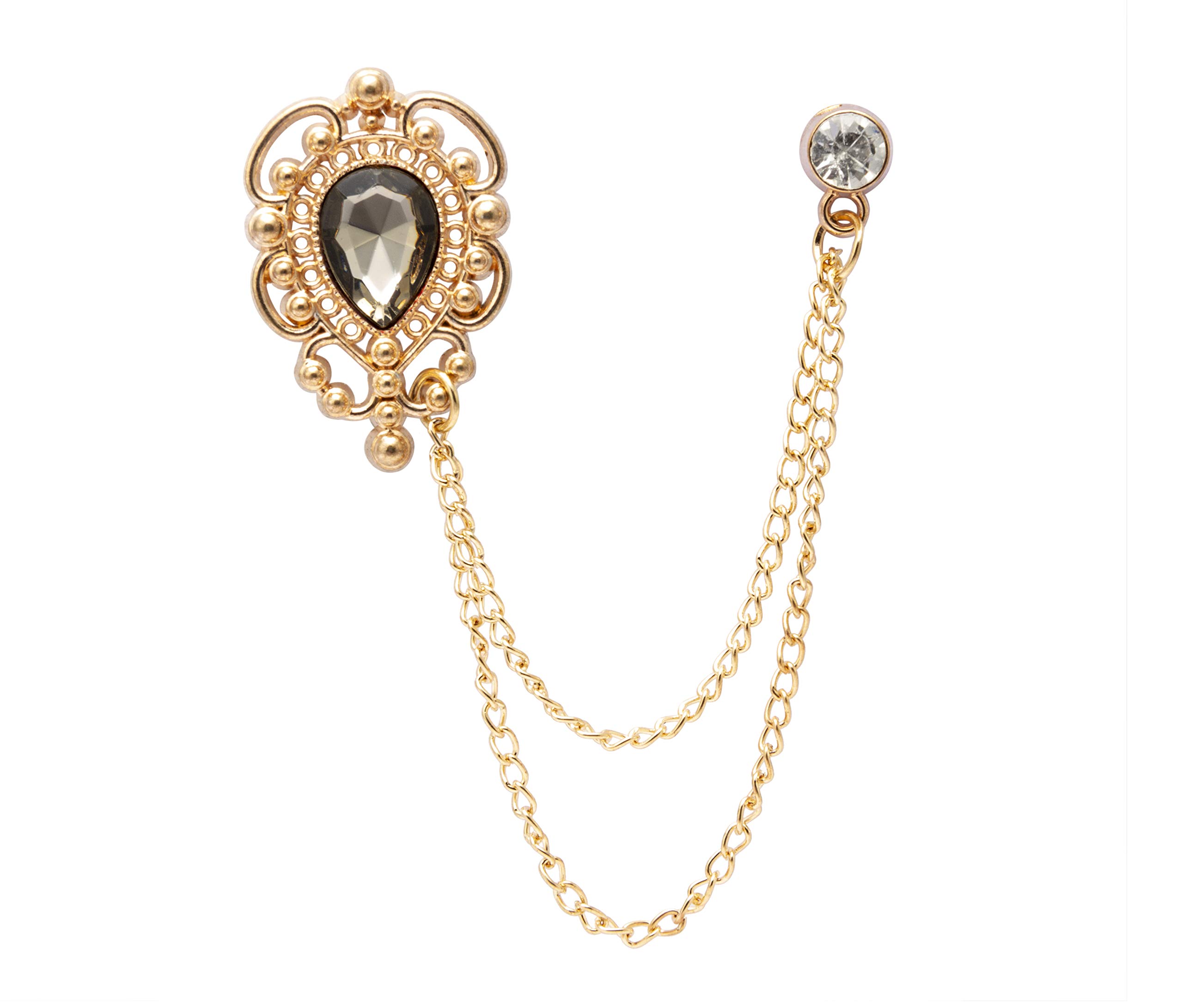 Brooch Lapel Pin for Men Champagne Stone with Gold Engraving Metal Crystal Chain Lapel Pin Badge Coat Suit Wedding Gift Party Shirt Collar Accessories