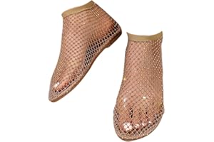Yoeuxet Ultra Comfortable Mesh Flats for Women Fishnet Sandals Low Heel Slip on Rhinestone Shoes