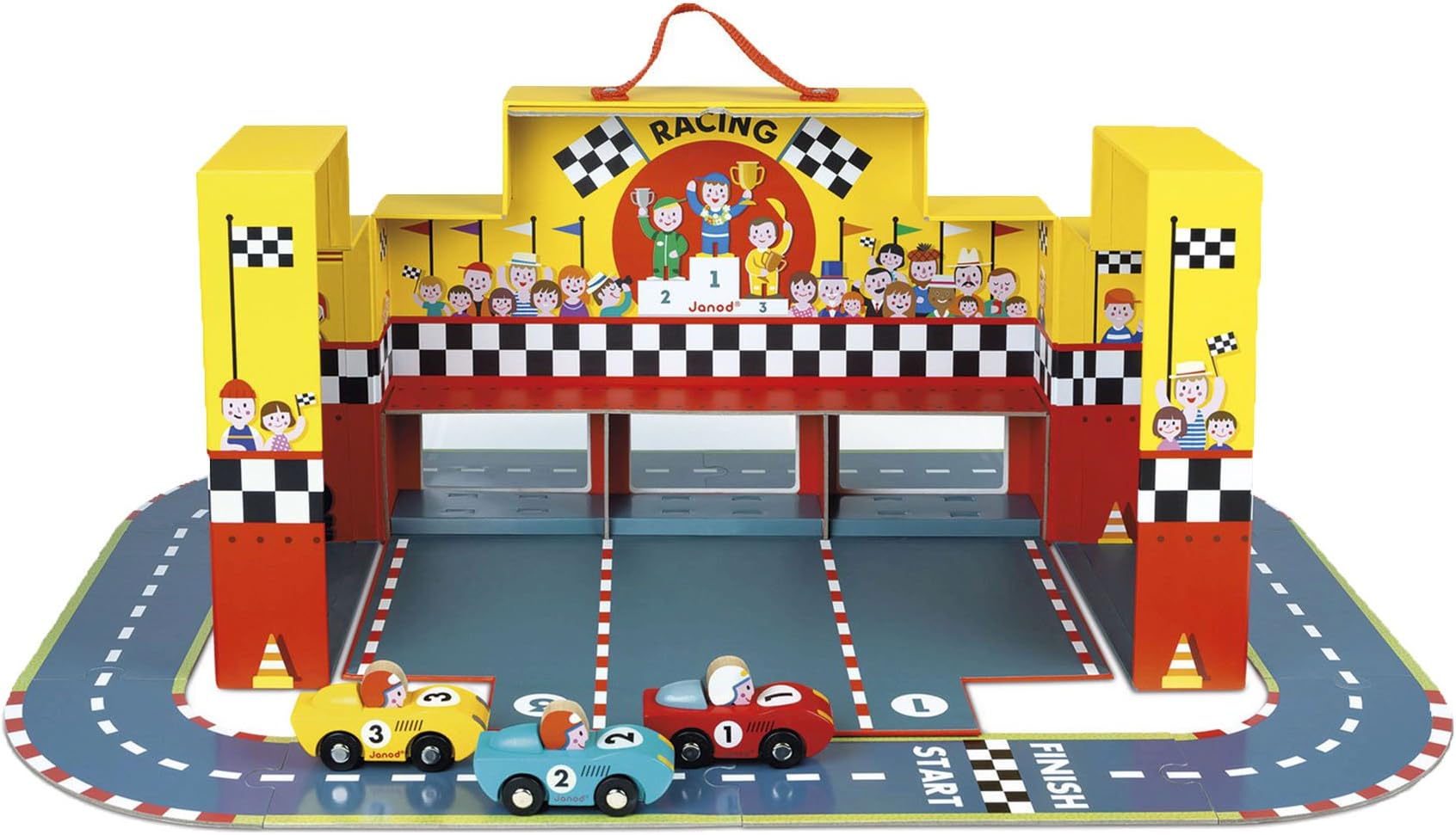 Janod Wooden Toy Story Set in Case Race Track with cars theme Puzzle and Accessories, Multi-Colour